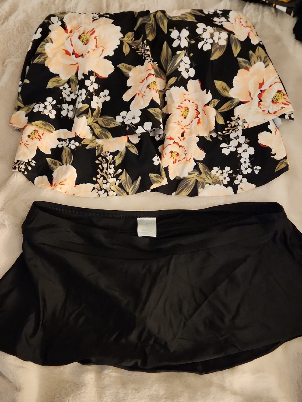 Kona Sol Black Floral Two-Tier Top With Swim Skirt Bottoms.